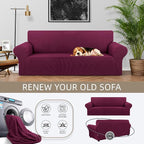 Stretch Couch Covers for Sofa, 3 Cushion Couch Slipcover,Wine | 1-Piece Washable Sofa Cover Pet Friendly(78"-94") Furniture Protector Soft Jacquard, Elastic Bottom for Dogs & Kids