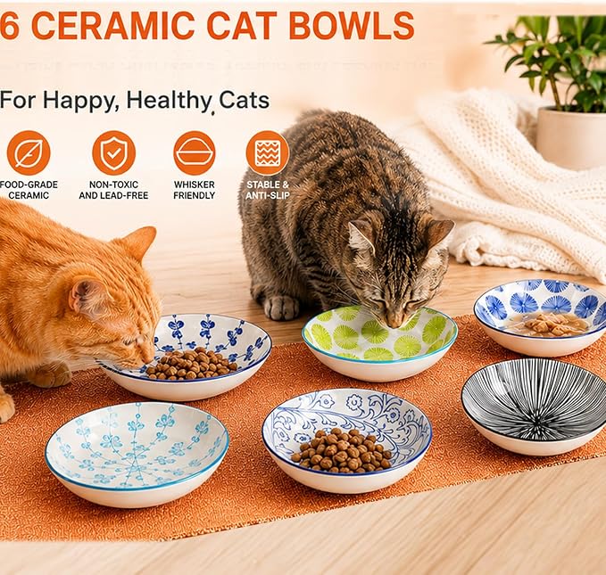 Ceramic Cat Food Bowls, 6 Pack 5.7-in Non-Slip Cat Dishes for Food, Water | Food-Safe Ceramic, Shallow Whisker-Friendly Plates For Wet Meals, Kibble, Multi-Cat Homes, Dishwasher And Microwave Safe