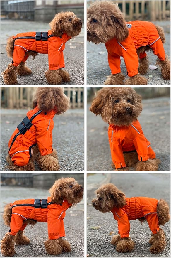 Lovelonglong Waterproof Dog Raincoat – 4-Leg Full Body Dog Rain Suit with Reflective Strips & Leash Opening, Outdoor Dog Jacket for Rainy Weather