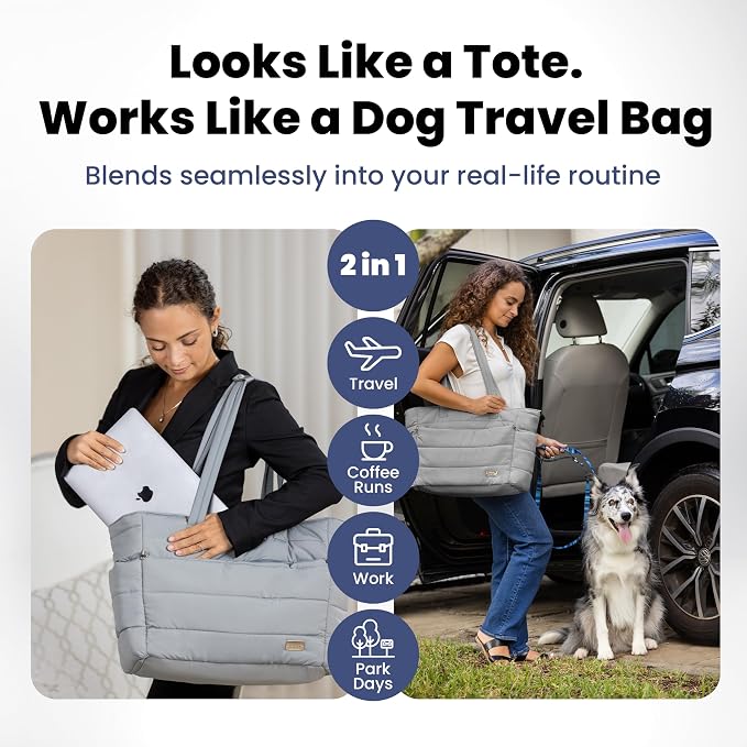 Rubyloo Puffer Dog Travel Bag for Dog Moms, Diaper Bag with Travel Bowls | 2 BPA-Free Collapsible Bowls, 2 Pet Food Containers, 9 Pockets, Everyday Puffer Bag Works With or Without Your Dog, Grey
