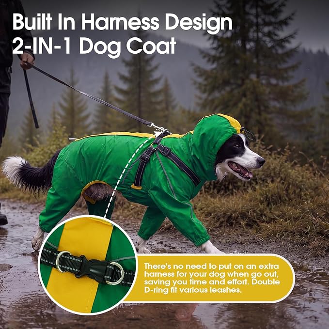 QBLEEV Lightweight Dog Windbreaker, Waterproof Outdoor Jacket, Green, 2XL | Waterproof & windproof | built-in harness | easy on and off with dual closure | reflective safety strips | detachable hood