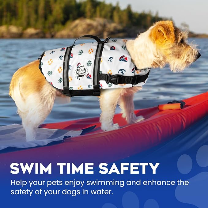 Dog Life Jacket — Premium Swim Vest with SafeChin Anti-Choke Collar | PAWS Aboard Nautical Dog | RapidLift Rescue Handle, D-Ring, Reflective Trim | Boating, Kayaking, Pool | X-Small (6–15 lbs)