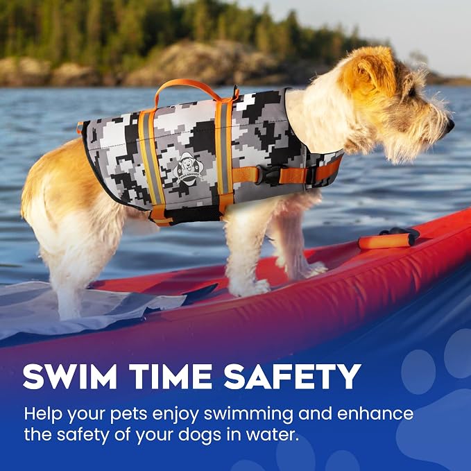 Dog Life Jacket — Premium Swim Vest with SafeChin Anti-Choke Collar | PAWS Aboard Grey Camo | RapidLift Rescue Handle, D-Ring, Reflective Trim | Boating, Kayaking, Pool | X-Small (6–15 lbs)