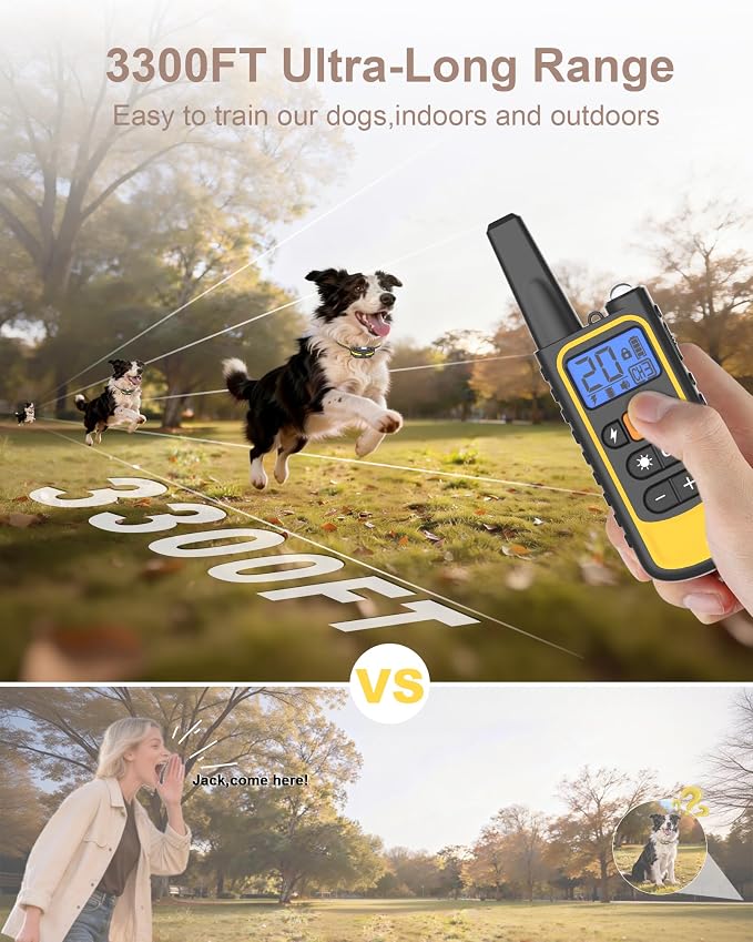 Dog Shock Collar with Remote Control for Small Medium Large Dogs, 3300FT Waterproof Rechargeable Dog Training Collar with 20 Adjustable Shock & Vibration Levels, Beep, LED Light & Safety Lock