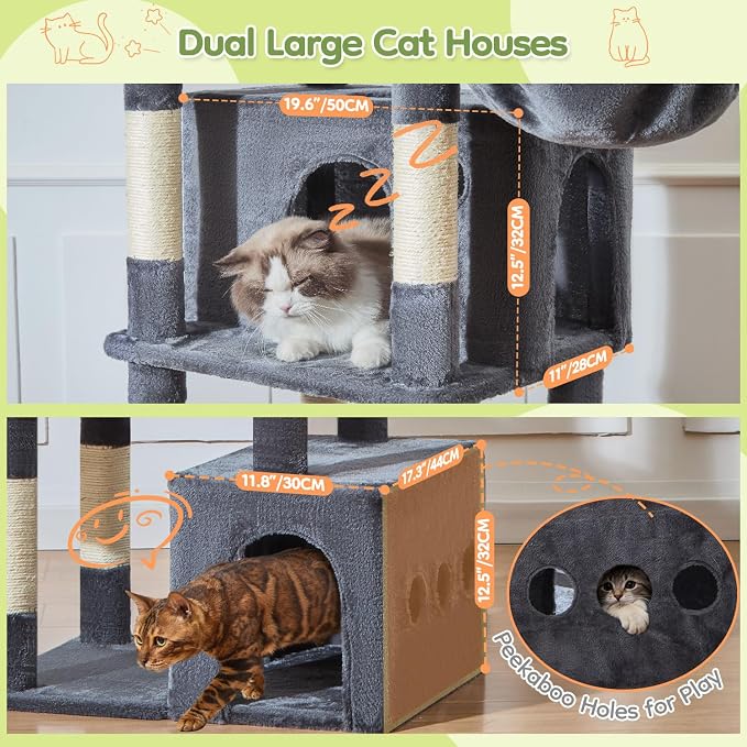 Taoqimiao 72 in Cat Tree, XXL Cat Tower for Indoor Cats Large Adult 25Lbs+ | Extra-Large Platform, 2 Cat Houses, 7 Scratching Post, Extra-Sized Durable Hammock, Cozy Basket, Smoky Gray, F20G