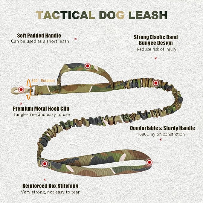 Tactical Dog Collar and Bungee Leash, Camo Military Dog Collar & Leash Set with USA American Flag Adjustable K9 Collar with Heavy Duty Metal Buckle & Handle,with Patches and Airtags Case (M, Camo)