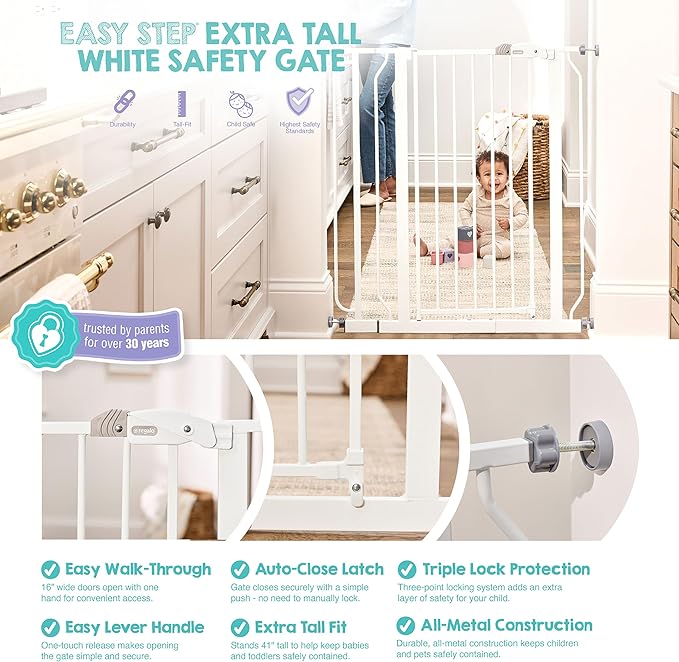 Regalo Safety 36" Extra Tall Baby Gate, Bottom of Stairs & Doorways | Fits Openings 29"-36.5" Wide, Pressure Mounted with Door, For Babies, Toddlers & Pets, White