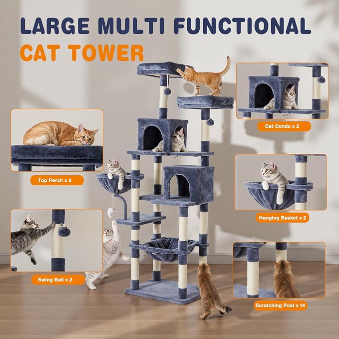 DUMOS Tall 71 inch Cat Tree Tower with Scratching Posts, Dark Grey | Large Multi Level Cat Climbing Tower with Condo, Platform, Hammock, Basket, Pet Tree House for Indoor Cats Play