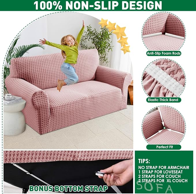MAXIJIN Stretch Couch Cover Sofa Covers for 3 Cushion Couch (71"-91" Washable Sofa Slipcovers with Non-Slip Foam & Elastic Strap, Dog Cat Pet Friendly Furniture Protector (Large, Pink)