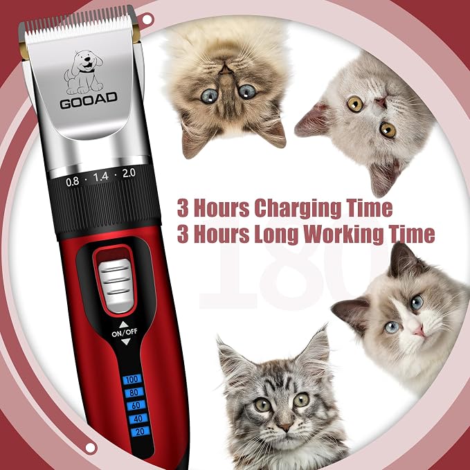Quiet Cat Clippers & Cat Grooming Kit for Matted & Long Hair | 250Min Cordless Pet Shaver, Low Noise Pet Hair Trimmer for Grooming,2in1 Wide & Narrow Blades,4 Combs,Scissors & Glove(Red)