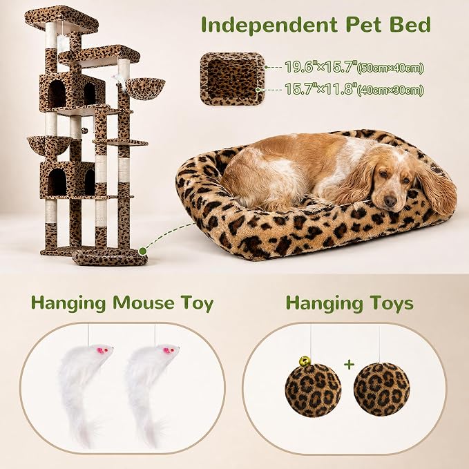 Globlazer Heavy Duty Cat Tree, 81 inch Extra Large Cat Tree for Indoor Cats Large Adult, Sturdy Cat Tower with 8 Scratching Post, 2 Cat Condos, 2 Platform, S81C, Leopard Print