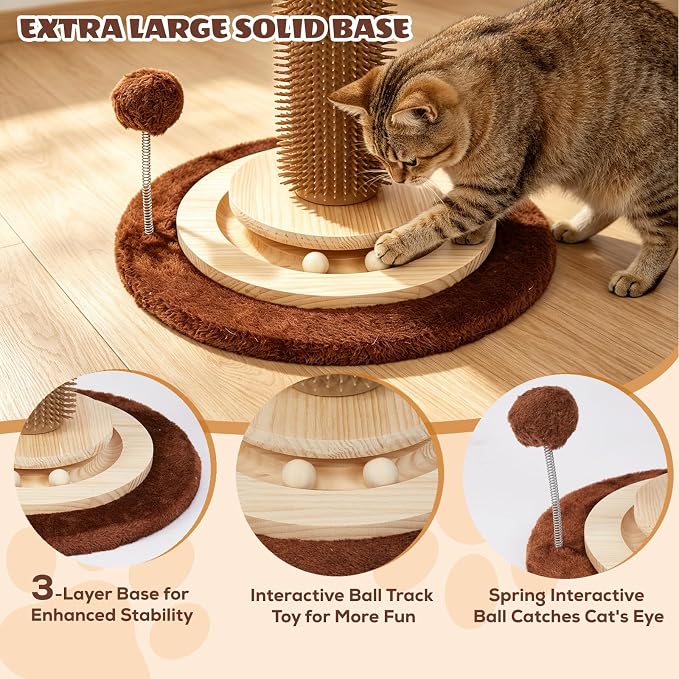 46" Extra Tall Cat Scratching Post with Toy for Large and Adult Indoor Cats | Sisal Cat Scratcher Tree with 3D Leaves for home decor, Hanging Plush Ball, Stable 3-Layer Wooden Base with Ball Track Toys