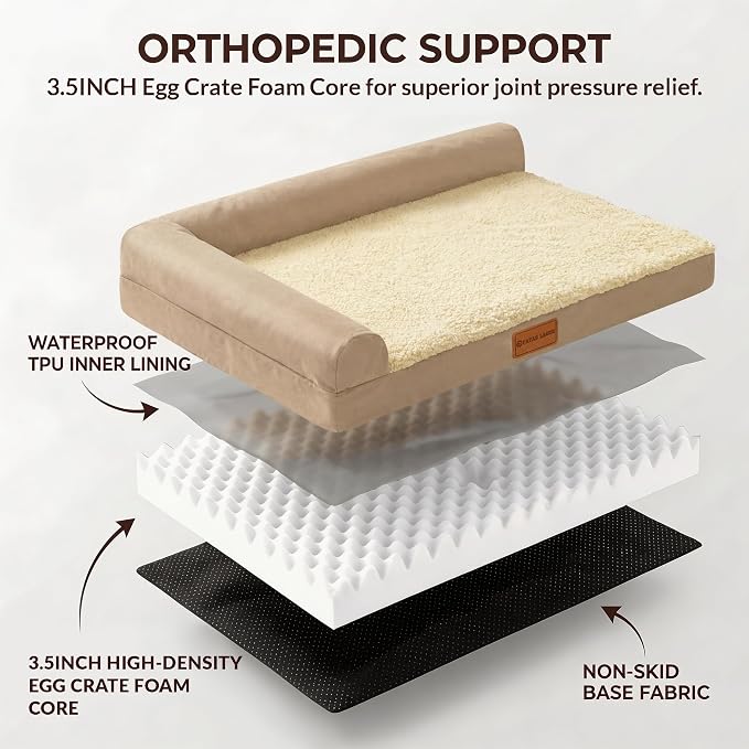 Patas Lague Orthopedic Large Dog Bed Pet Sofa Beds 48''X30''Beige | L Bolster Egg-Crate Foam Dog Couch For Large Sized Dogs, Waterproof Removable Washable Cover, Pet Mat with Nonskid Bottom