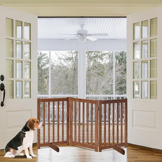 LZRS Freestanding Dog Gate 60" W x 30" H Solid Wooden Pet Gate for Doorways, Stairs & Hallways, Expandable & Foldable with Support Feet，Indoor Use,Oak