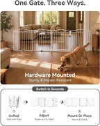 No Pawblems Full Metal Free Standing Dog Gate with Door, 30'' Tall | Foldable Freestanding Pet Gate for Indoor & Outdoor, Up to 104 Inch Extra Wide Dog Fence for Doorways, Stairs, Deck - White