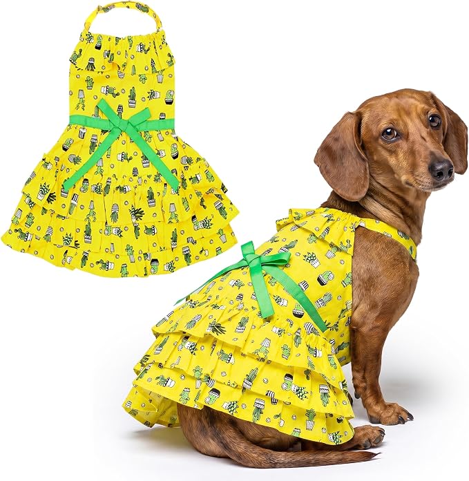 Parisian Pet Cactus Dog Dress - Summer Clothes for Large Dogs Girl - Tropical Pet Dress - Beach Dog Outfit - Lightweight Puppy Clothes - Yellow Dresses for Dogs - Female Dog Apparel