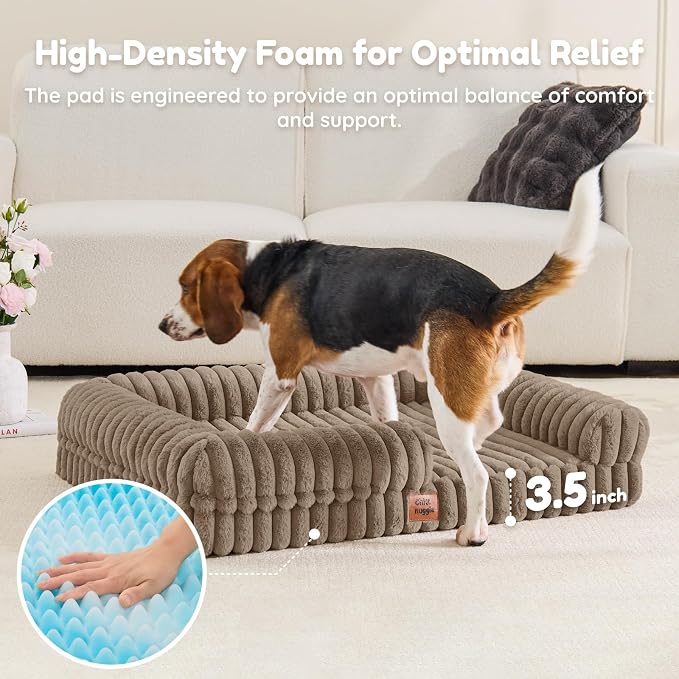 ChiXnuggle Faux Fur Orthopedic Dog Bolster Bed, Waterproof Washable Cover | rectangular dog sofa couch,egg crate foam,non-slip bottom,for large dogs,taupe,35*28*7