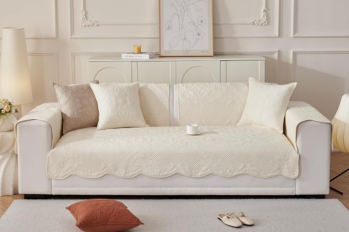 Luxury Vintage Cotton Embroidery Sofa Cover Soft Farmhouse Seat Cushion Cover Floral Quilted Sectional Couch Cover Anti-Slip Sofa Slipcovers Furniture Protector for Dogs Cats (Beige,36"x47")