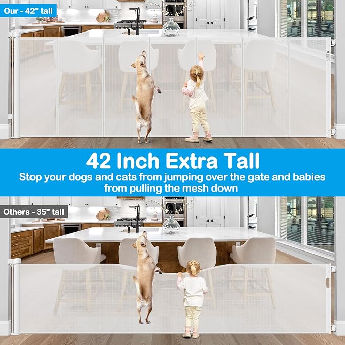 Reinforced 42" Tall X 120" Extra Wide Retractable Baby Gate Extra Long Baby Gates for Large Openings Prevent Kids and Pets from Jumping Over Retractable Pet Gate Reinforced Puppy Gates for Dogs, White