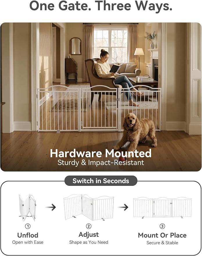 No Pawblems Full Metal Free Standing Dog Gate with Door, 30'' Tall | Foldable Freestanding Pet Gate for Indoor & Outdoor, Up to 78 Inch Extra Wide Dog Fence for Doorways, Stairs, Deck - White