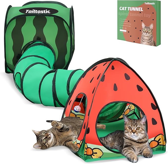 Tailtastic 3-in-1 Watermelon Cat Tunnel with Cube, Tent & Ball for Indoor | 3-way S-tunnel with hide & seek portals & balls, multi-cat cube,30-sec hook-and-loop assembly, foldable for easy storage