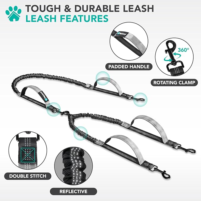 PetAmi Hands Free Double Dog Leash with Padded Lumbar Waist Belt, 360 No-Tangle Swivel Coupler, Bungee Shock Absorbing Dual Leash for Two Dogs Medium Large, Reflective, Black