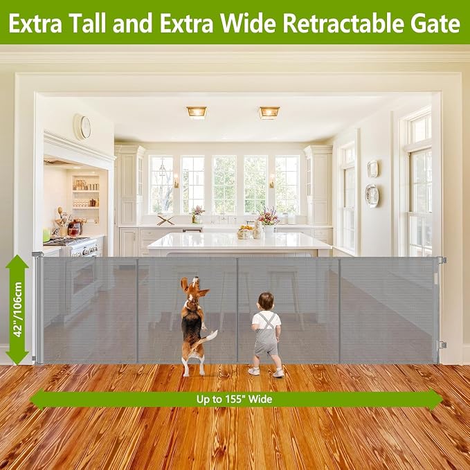 Reinforced 42" Extra Tall Pet Gate 155" Extra Wide Retractable Baby Gate with Support Rods - Prevent Crawling Under, Indoor/Outdoor Mesh Safety Gate Extra Wide Dog Gate Tall Baby Gates for Dogs, Gray