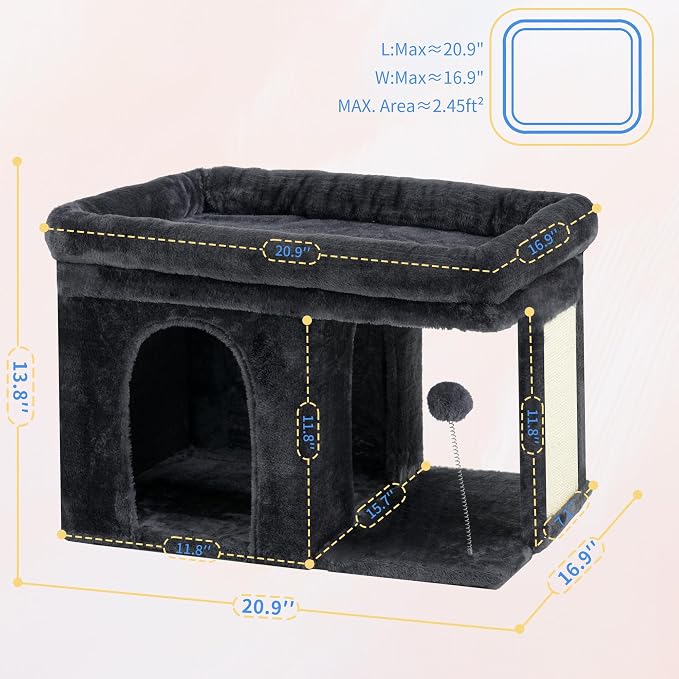 Heybly Cat Tree, 14" Cat Tower with Large Cat Bed & Condo HCT203SG | Cat Furniture for Indoor Cats Large Adult, Cat House with Scratching Posts and Spring Balls for Kittens, Smoky Gray