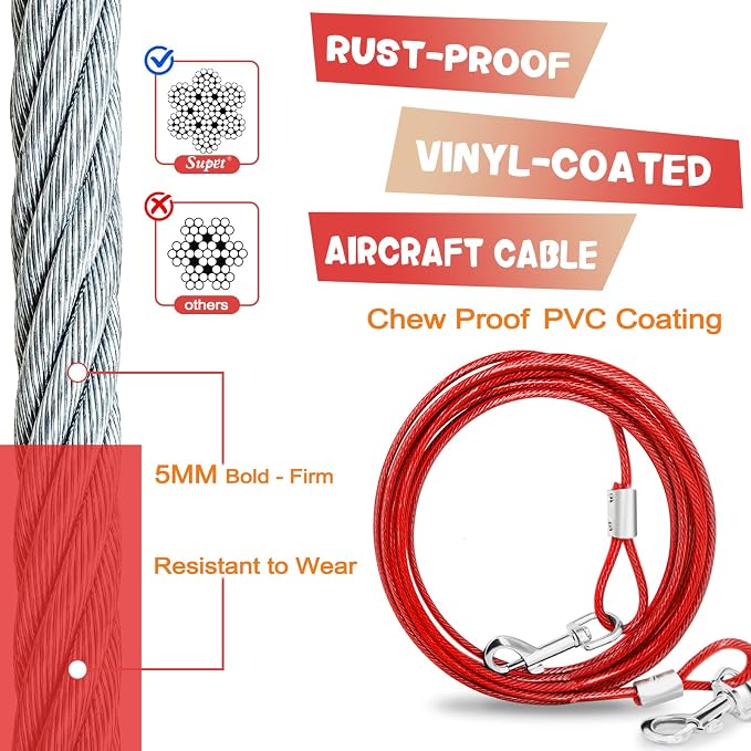 Supet Dog Tie Out Cable and Stake 32/16/10 ft Outdoor, Yard and Camping, for Medium to Large Dogs Up to 125 lbs, 16" Stake, 32/16/10 ft Cable with Durable Spring and Metal Hooks for Outdoor