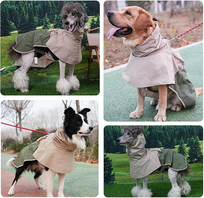 MAMORE Dog Raincoat, Waterproof Rain Jacket for Small Medium Large Dogs, Windproof Reflective Adjustable Breathable Pet Rain Coat with Storage Pocket and Leash Holes (Tan Green, Small)