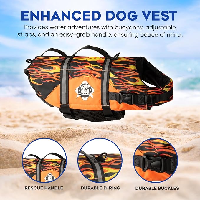 Dog Life Jacket — Premium Swim Vest with SafeChin Anti-Choke Collar | PAWS Aboard Racing Flames | RapidLift Rescue Handle, D-Ring, Reflective Trim | Boating, Kayaking, Pool | Large (50–80 lbs)