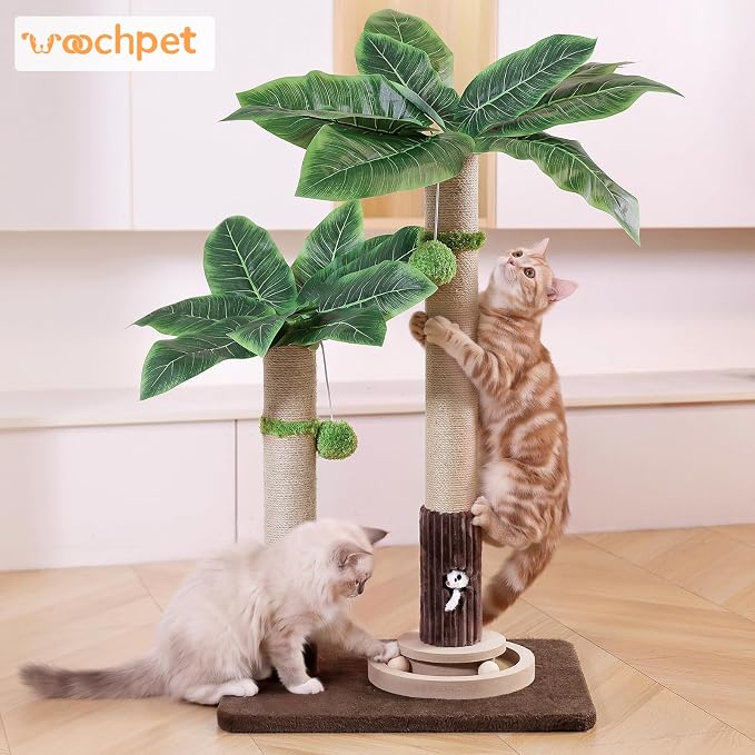 Woochpet Palm Tree Cat Scratching Post Dual Height Brown | Natural Sisal Wrapped Poles, Hanging Plush Balls, Bottom Roller Ball Track, Hidden Peek Hole