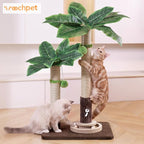 Woochpet Palm Tree Cat Scratching Post Dual Height Brown | Natural Sisal Wrapped Poles, Hanging Plush Balls, Bottom Roller Ball Track, Hidden Peek Hole