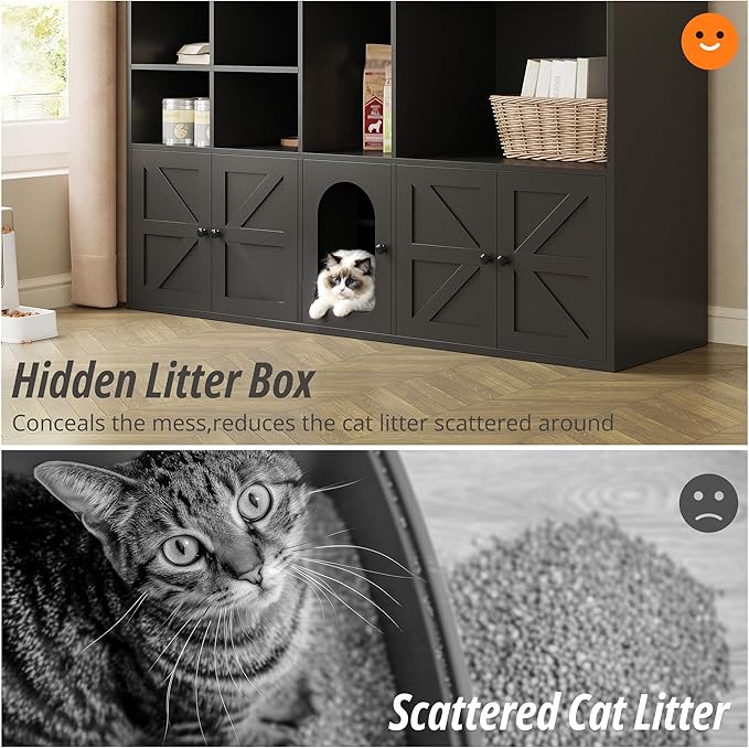 IRONCK Cat Litter Box Enclosure for 2 Cats, Hidden Litter Box Furniture | Double Litter Box Enclosure Cabinet with Double Room and Large Storage Space, Wooden Washroom Furniture, Cat House, Black