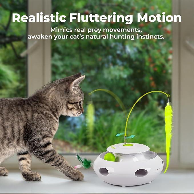 ALL FOR PAWS 3 in 1 Interactive Flutter Bug Cat Toy with Rolling Balls, Whack-a-Mole Feather Toy Automatic Kitten Spinner Toys, Mental Stimulation for Indoor Cats,Includes 6 Teaser Refills