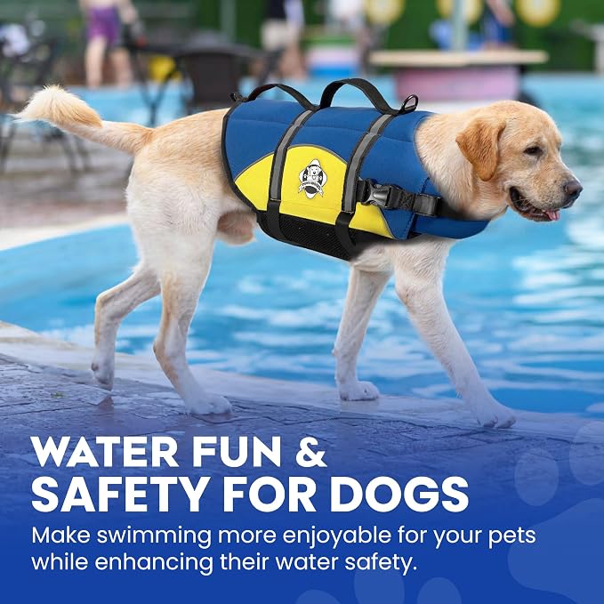 Dog Life Jacket — Premium Swim Vest with SafeChin Anti-Choke Collar | PAWS Aboard Blue & Yellow | RapidLift Rescue Handle, D-Ring, Reflective Trim | Boating, Kayaking, Pool | Large (50–80 lbs)