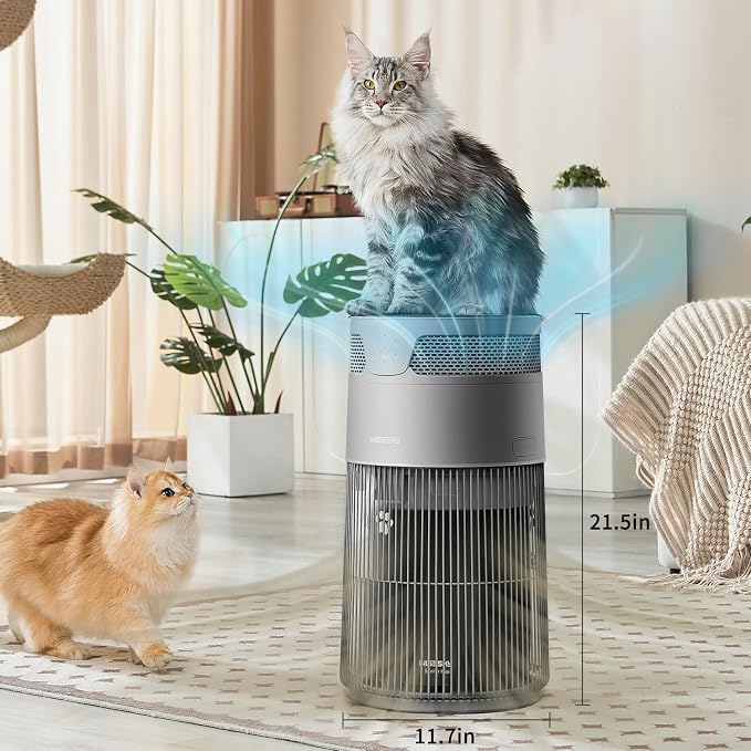 WISESKY Cat Air Purifier with Bite-Resistant Cord & Wide Grille and Tip-Over Protection | Air Purifier for Home with 360° Air Intake for Pet Hair | APP Control | Covers Up to 1644 Sq.Ft