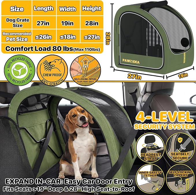 PAWZIDEA Portable Dog Crate for Car Travel, Collapsible Pet Travel Crates for Medium & Large Dogs Up to 80lbs, Enclosed Soft-Sided Car Kennel Carrier for Backseat, Secures w/Seatbelt & Headrest Strap