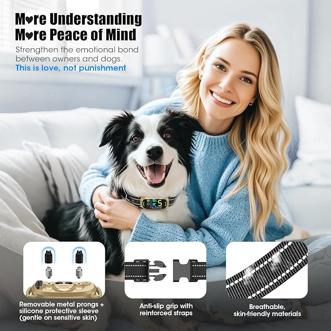 Smart AI Bark Collar for Large Medium Small Dogs, Anti Barking Device with 5 Training Modes, Exclusive Forced Bark-Stopping, Rechargeable IP67 Waterproof Bark Collar with 5 Sensitivity (Gold)