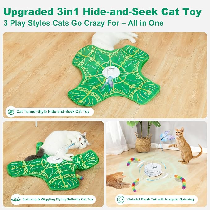Interactive Cat Toys for Indoor Cats,Automatic Kitten Tunnel Toys | Rechargeable Touch Activated, Hide and Seek Design, Colorful Fluffy Tail & Butterfly, Cat Enrichment Toy for Bored Cats