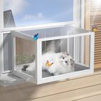 Cat Window Box Catio, Outdoor Indoor Cat Enclosure with Clear Panels, Mesh Sides & PVC Curtain, Universal Window Perch for Windows 25"–43", Window Catio for Sunbathing, Napping & Overlooking,Grey