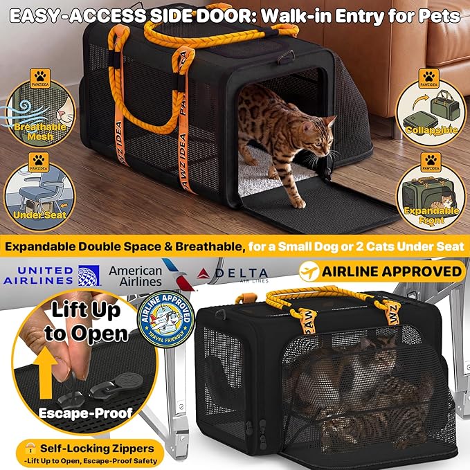 PAWZIDEA Expandable Pet Carrier Airline Approved, 18"×11"×11" Small Dog Carriers, Collapsible Top-Load Cat Carrier for 2 Cats Under Seat, Soft-Sided Puppy & Animal Travel Bag, ID Card, Up to 15lbs