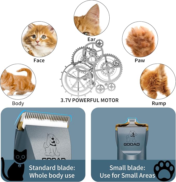 Professional Quiet Cat Clippers & Dog Grooming Kit | 250Min Cordless Pet Shaver, Low Noise Pet Hair Trimmer for Grooming,2in1 Wide & Narrow Blades,4 Combs,Scissors & Glove(Blue)