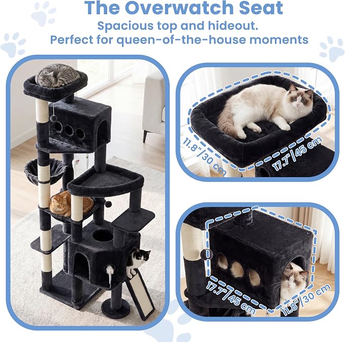 Cat Tree, 78.7" Tall Heavy Duty Cat Tower for Indoor Cats VCT033G | Cat Furniture with Sturdy Structure, Spacious Condo, Cozy Top Perch & Scratching Posts, Hammock, Smoky Gray