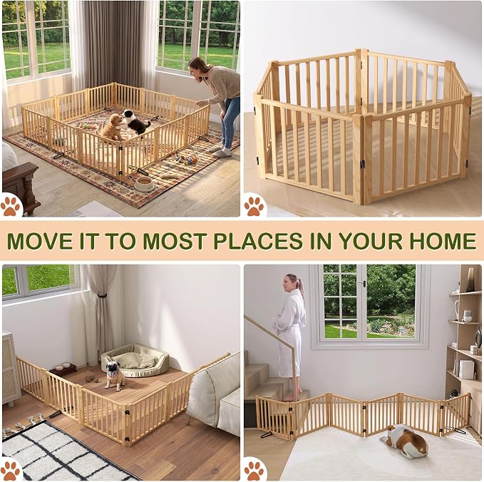 Wooden Freestanding Pet Gate Indoor - 16.9" Height 6 Panels | Foldable Portable Dog Gates, No-Painted Puppy Fence for Doorways Stairs Hallways