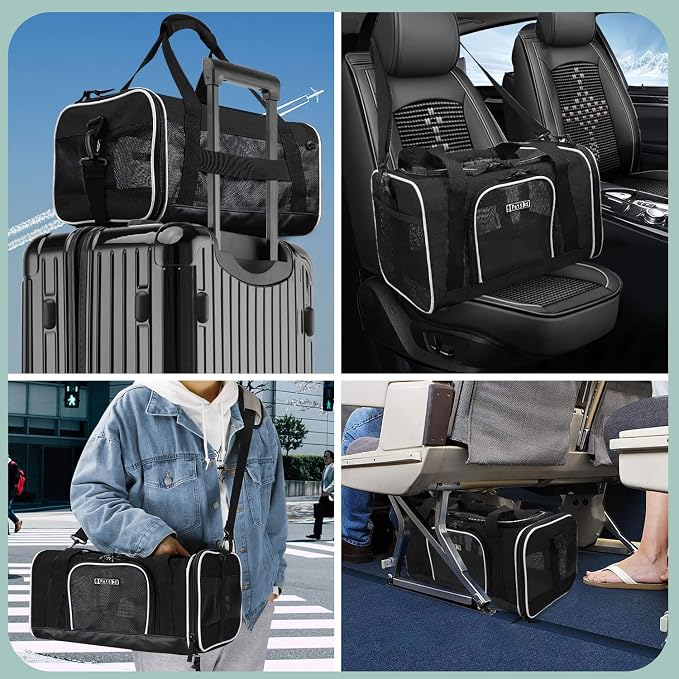 Petskd Small Pet Carrier 17" L x 11" W x 9.5" H Airline Approved, Black | for Alaska Airlines, Lockable Safety Zippers and Anti-Scratch Mesh, Pets Under 10 lbs