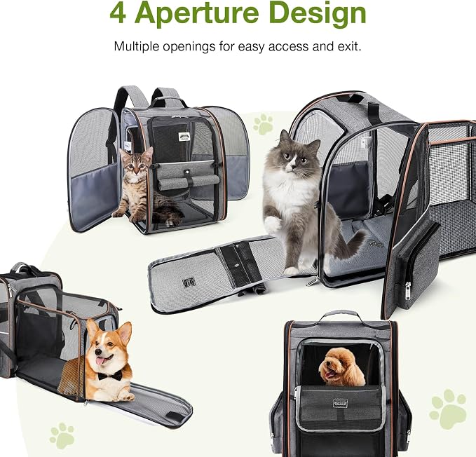 Cat Carrier Backpack, Expandable Pet Carrier with Sun Shade & Full Front Opening, Breathable Mesh Backpack for Small Dogs & Medium Cats Up to 18 Lbs, Foldable for Hiking, Camping (Grey)