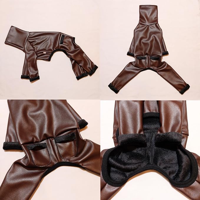 D Doggy Star Italian Greyhound Coat Stretchable Artificial Leather Fleece Lining Clothes Whippet for Dog (2XL,Leather Brown)