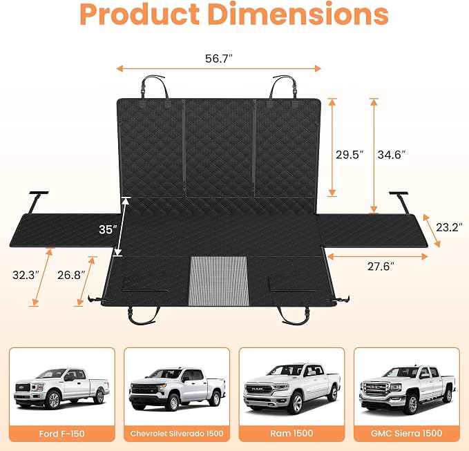 PETICON F150 Floor Cover for Crew Cab Trucks with Fold-Up & Split Seats | Split Zipper, Waterproof & Scratch-Resistant 600D Oxford, Side Door Flaps, Non-slip Base, Protects Interior, Machine Washable