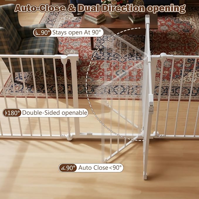 Mumeasy 126" Extra Wide Baby Gate for Doorways, Stairs & Fireplace, Indoor | Auto Close Safety Dog & Pet Gate with Walk Thru Door, Childproof Fence for Hallway Kitchen House Outdoor,5 Metal Panels,White